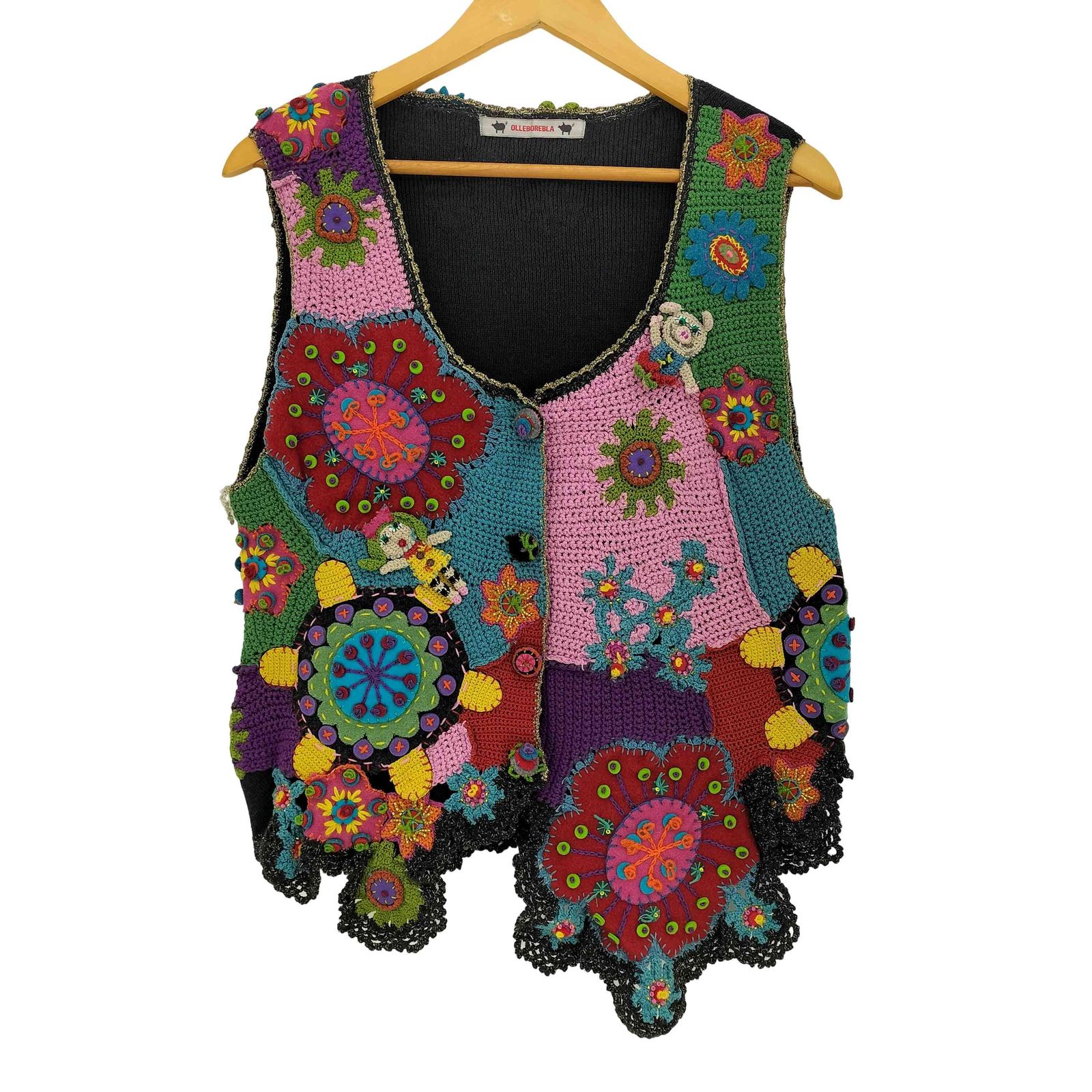 アルベロベロ OLLEBOREBLA オレボレブラ ブタさん おはな アップリケ ラメ糸 ビジュー装飾 かぎ編み ニットベスト レディース 表記無