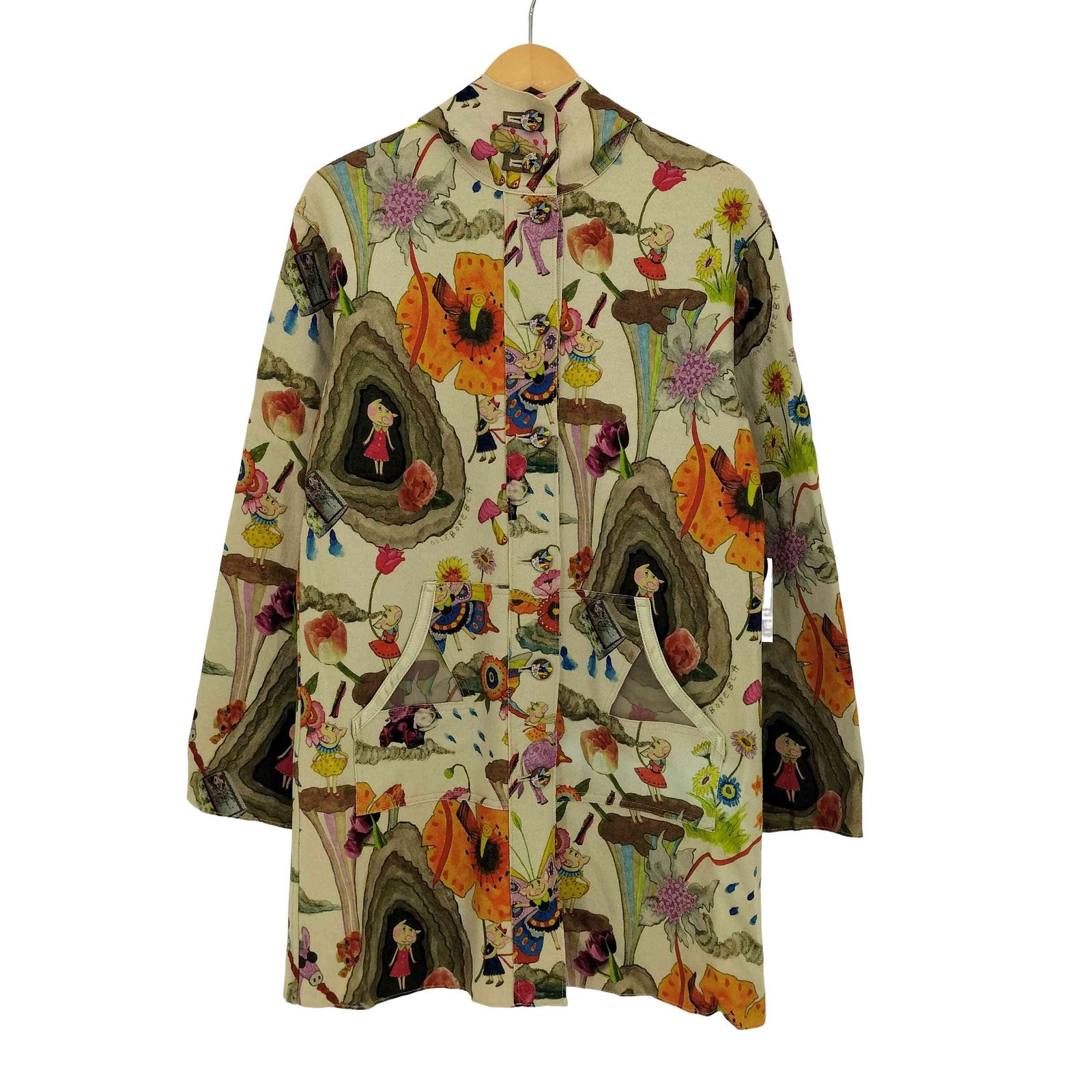 アルベロベロ OLLEBOREBLA オレボレブラ ぶたさん 花 ちょうちょ 総柄 フーデット ウール ハーフコート レディース 表記無