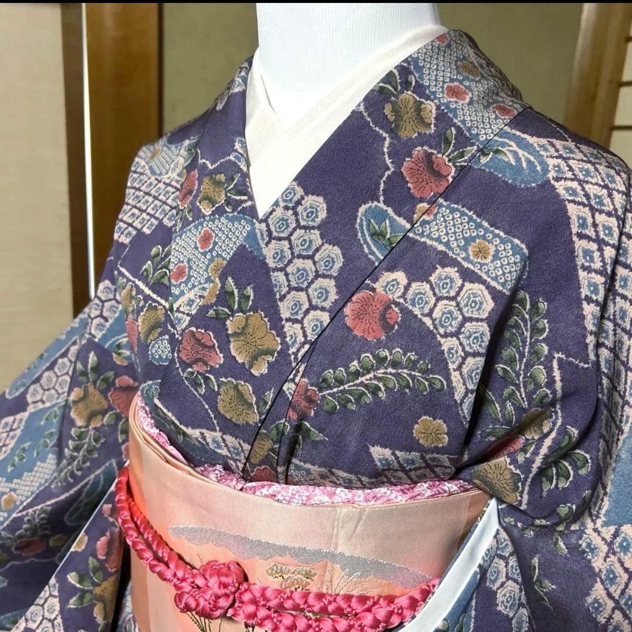 近い 袷 正絹 辻が花 小紋 フルセット 裄丈65 5 cm 西陣唐織帯 Near Un Excellent Silk Tsujigahana Komon Full Set Yuki 65 25 8 in Nishijin