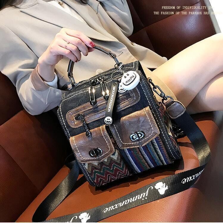 レトロエスニック牛革3斜め掛けデニムでワンショルダーバッグ