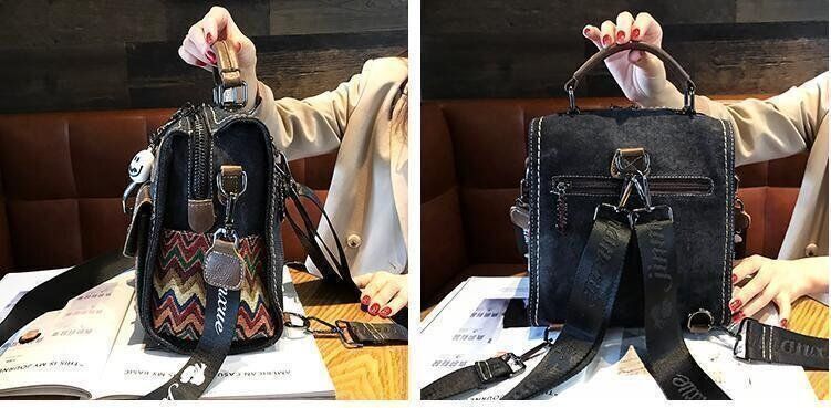 レトロエスニック牛革3斜め掛けデニムでワンショルダーバッグ