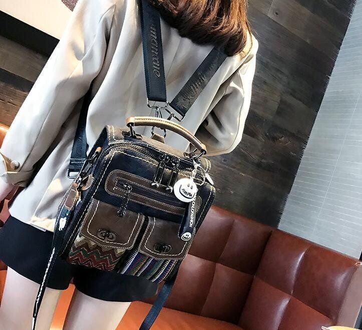 レトロエスニック牛革3斜め掛けデニムでワンショルダーバッグ