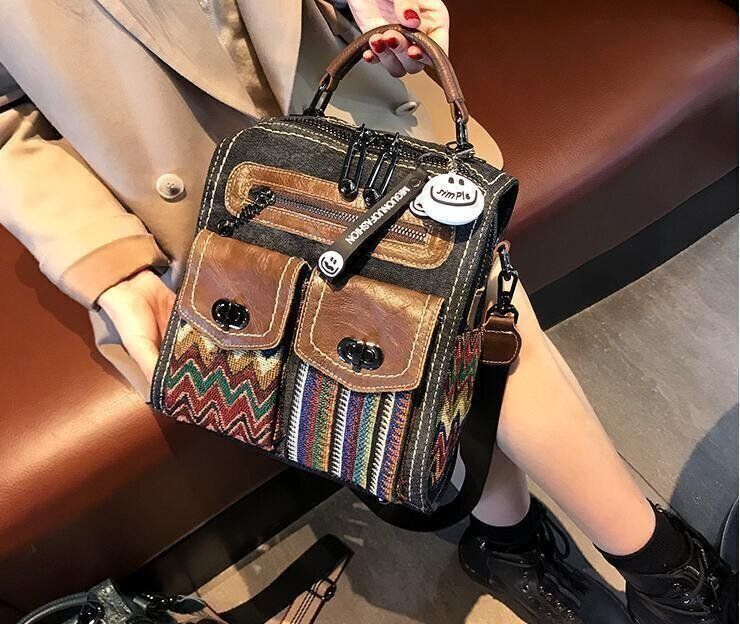 レトロエスニック牛革3斜め掛けデニムでワンショルダーバッグ