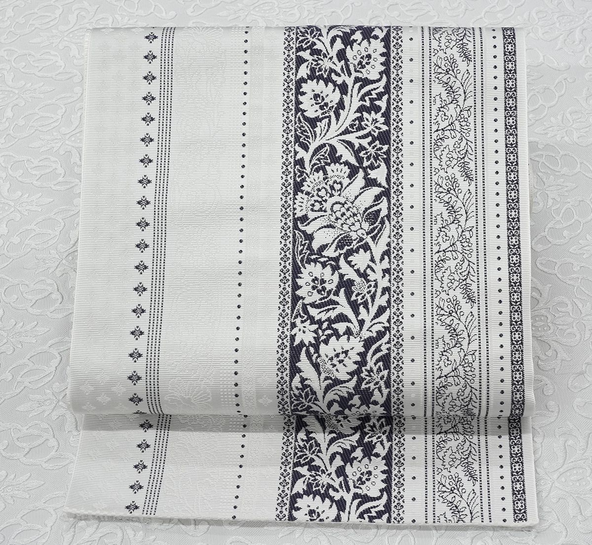 未仕立 博多帯 協和織 八寸名古屋帯 唐花間道 オフホワイト 仕立代込み