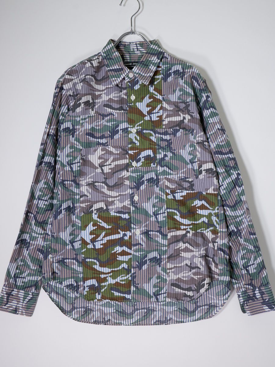COMME des GARCONS HOMME DEUXコムデギャルソンオムドゥ カモフラ迷彩プリント フロントパッチワーク ストライプ長袖シャツ XXS