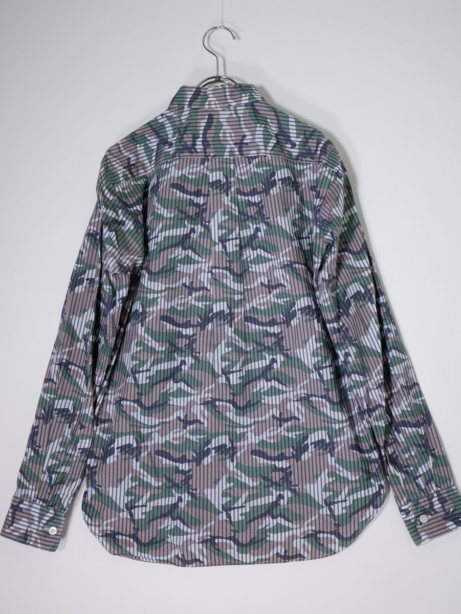COMME des GARCONS HOMME DEUXコムデギャルソンオムドゥ カモフラ迷彩プリント フロントパッチワーク ストライプ長袖シャツ XXS