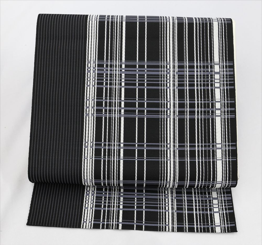 未仕立 博多帯 協和織 八寸名古屋帯 格子柄 黒地 仕立代込み