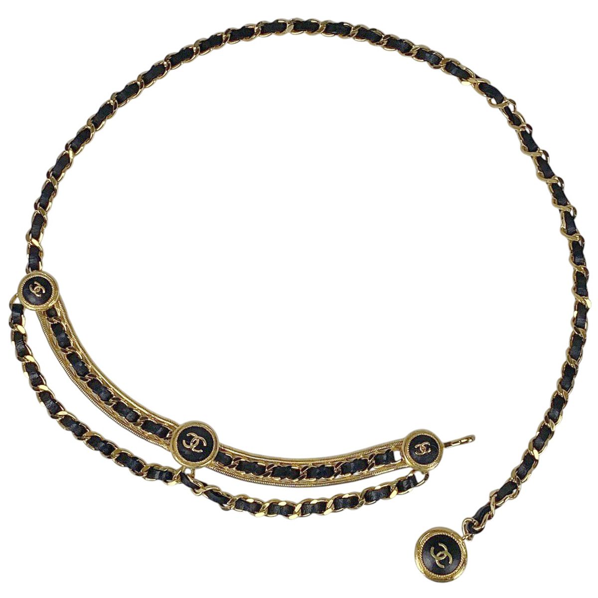 シャネル CHANEL ココマーク チェーン ベルト 2連 ベルト GP レザー ゴールド ブラック レディース