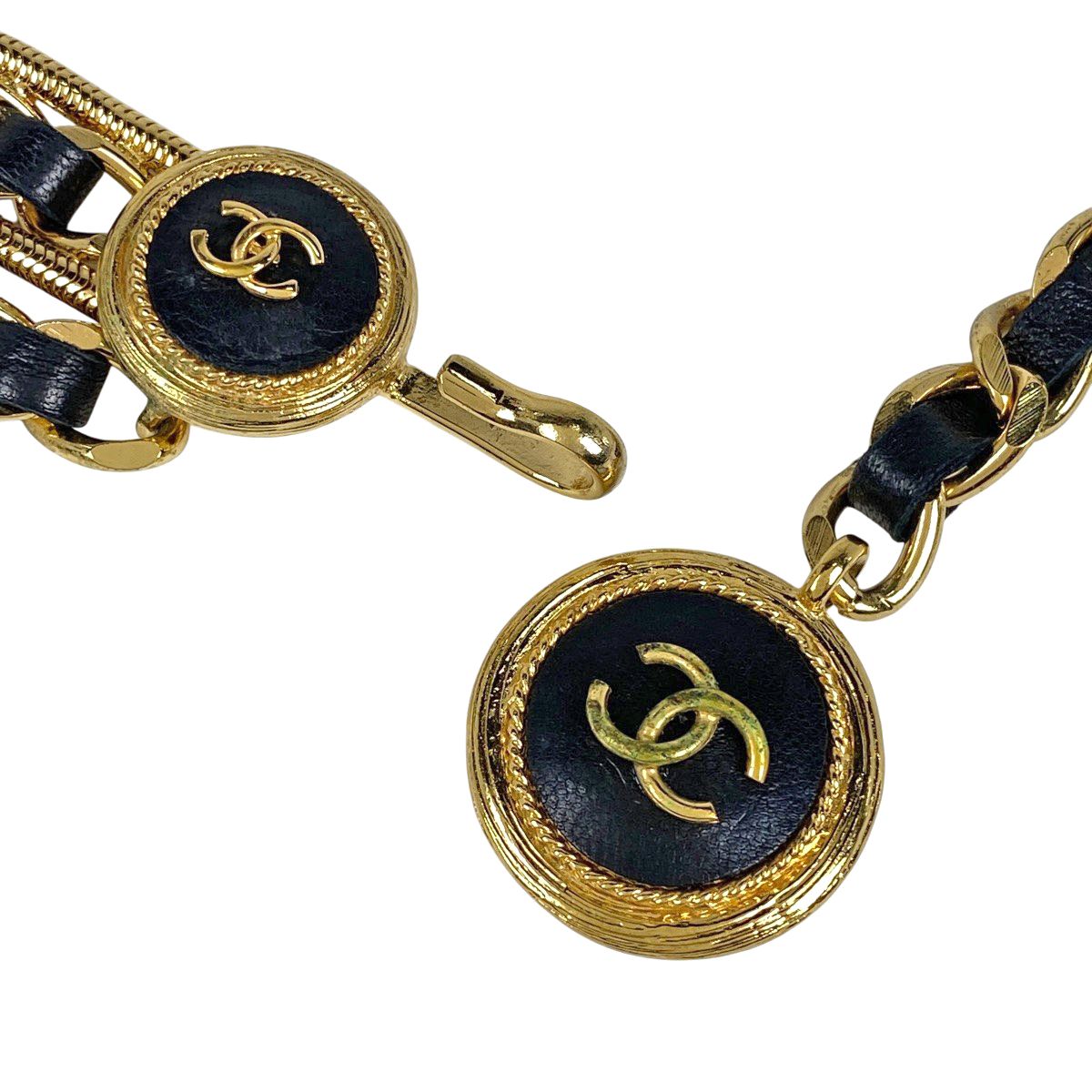 シャネル CHANEL ココマーク チェーン ベルト 2連 GP レザー ゴールド ブラック レディース