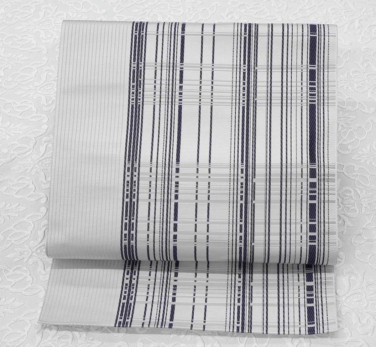 未仕立 博多帯 協和織 八寸名古屋帯 薄グレー地 格子柄 仕立代込み