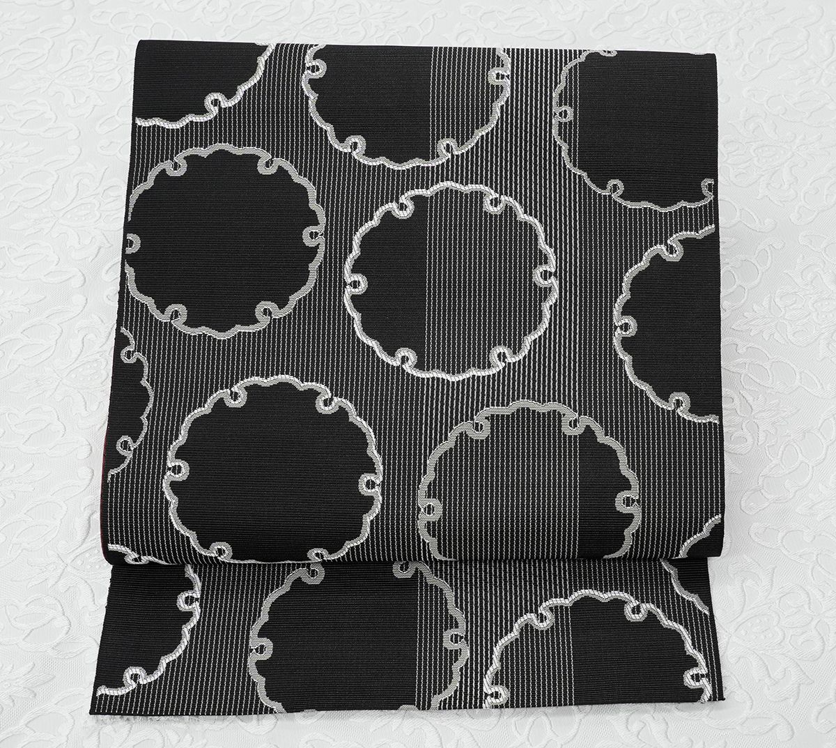 未仕立 博多帯 協和織 八寸名古屋帯 雪輪柄 黒地 仕立代込み