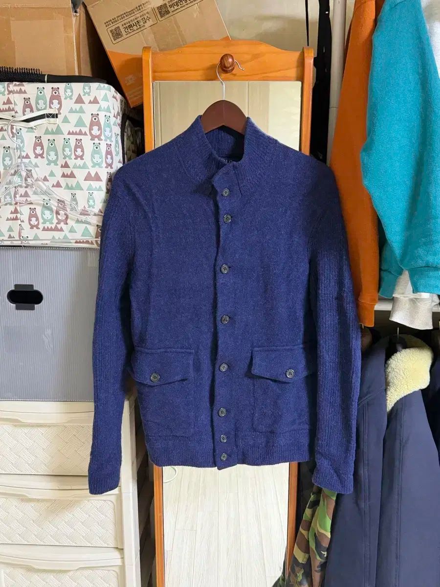 Polo ポロ ウール カシミアブレンド ネイビー エルボーパッチ カーディガン 95