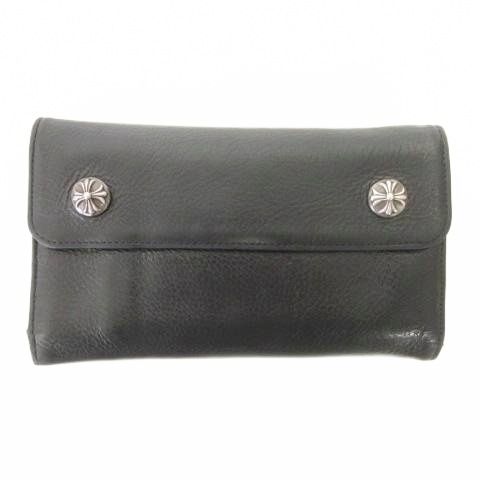 クロムハーツ CHROME HEARTS ウェーブ ウォレット 長財布 クロスボタン クロスボール レザー ダガーチャーム 黒 ブラック