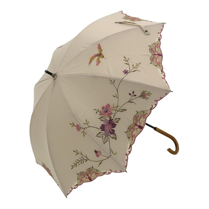 シノワズリーモダン 日傘 女優日傘 ショート日傘 1級遮光 遮熱 逃熱 UVカット 刺繍 かわず張り 涼しい 晴雨兼用傘 特殊2重張り 花鳥 ボタニカル 花鳥 モカ