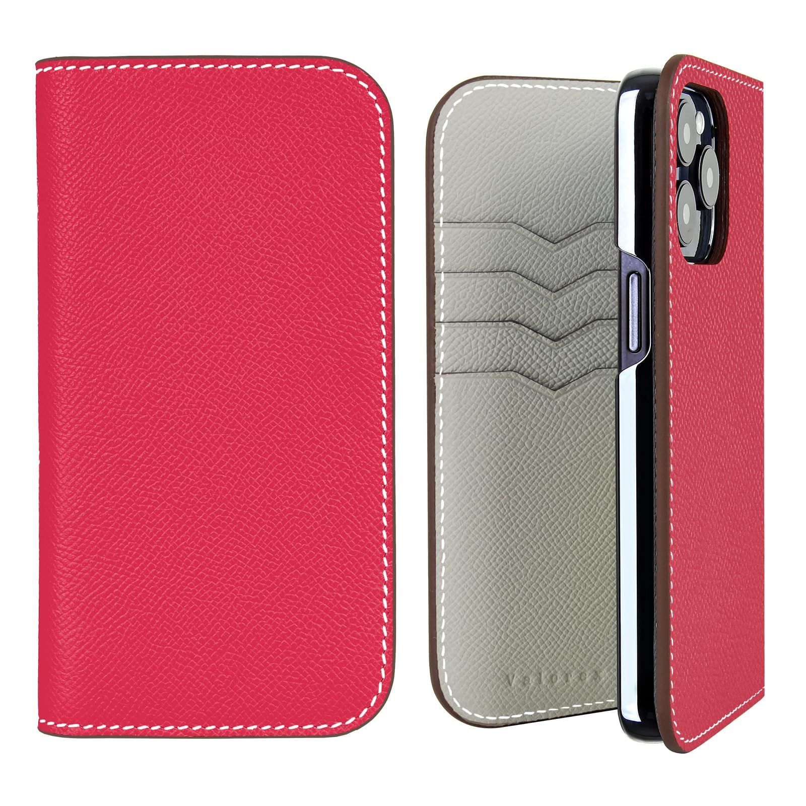 軽量 カード収納 スマートフォン ショッキングピンク×スカイグレー 携帯カバー イタリア製レザー 本革ケース 手帳型 iPhone15ProMax スマホケース iPhone15対応 Valorex