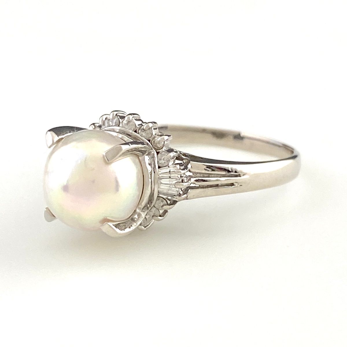 パール デザインリング プラチナ メレダイヤ 指輪 真珠 リング 17号 Pt 900 ダイヤモンド レディース