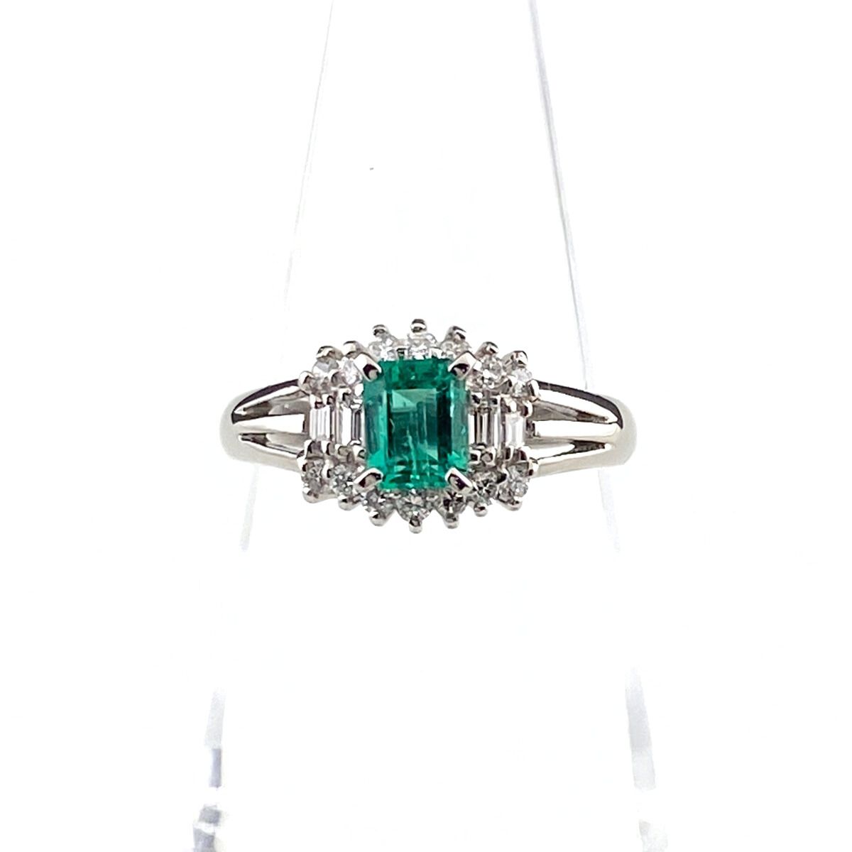 エメラルド デザインリング プラチナ 指輪 メレダイヤ リング 11号 Pt850 エメラルド ダイヤモンド レディース