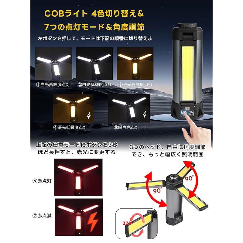  LED 投光器 充電式 led作業灯 10000 mAh大容量 LM 最大23時間連続点灯 ワークライト 10点灯モード 切り替え led投光器 屋外 Type c充電 270度方向調整 懐中電灯機能 取り外し な三脚付き ledライト ハンディ ランタン ライト ランタン