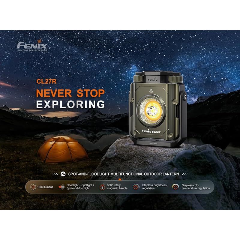 Fenix CL27R 充電式マルチビームランタン 1600ルーメン 180m 最大285時間 レッドライトモード 無段階の色温度と明るさ調整 360°磁気ハンドル IP66 ワイルドグリーン