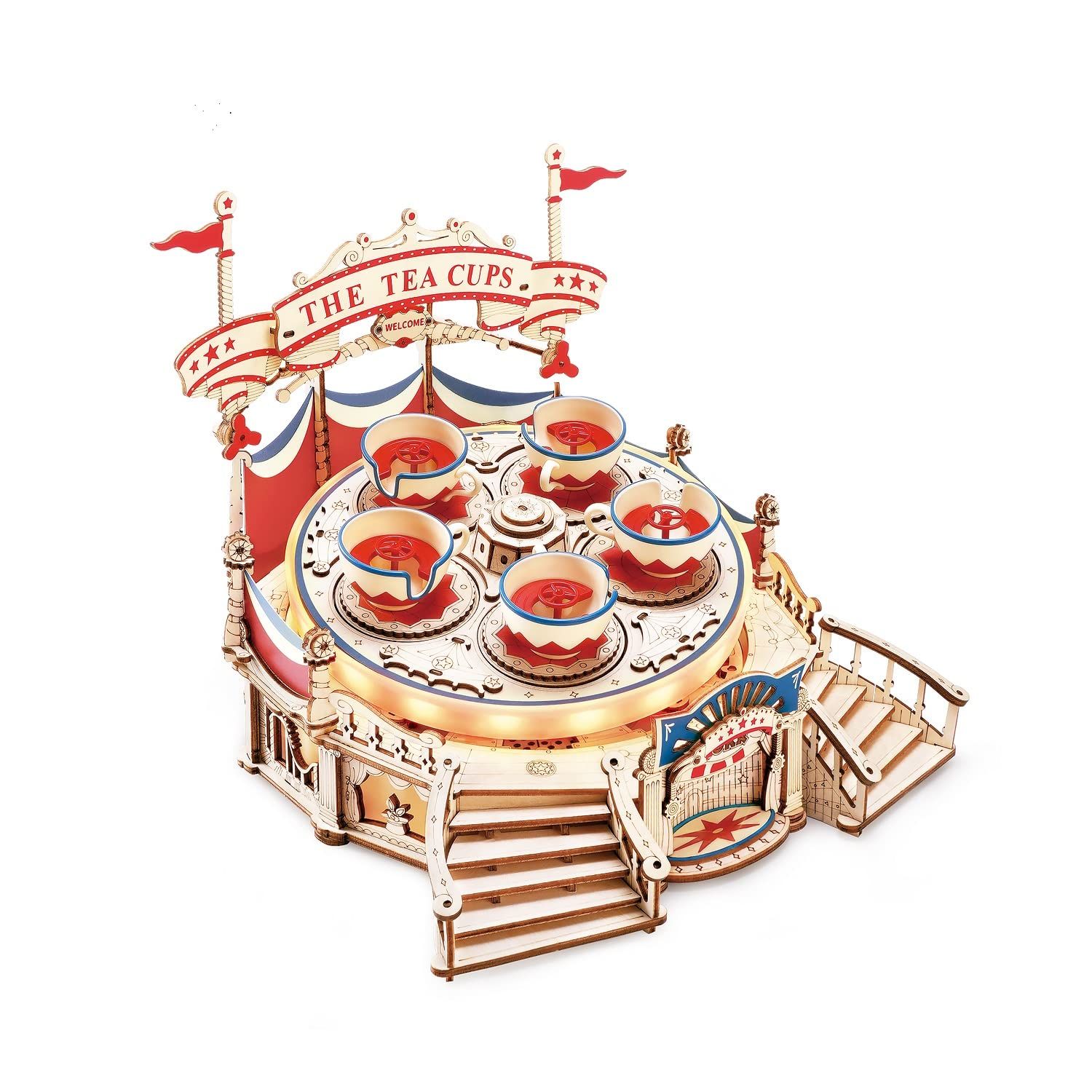 つくるんです® あんしん 日本語説明書付 3 D ウッドパズル遊園地シリーズ ティーカップ コーヒーカップ アトラクション ミニチュア 光る