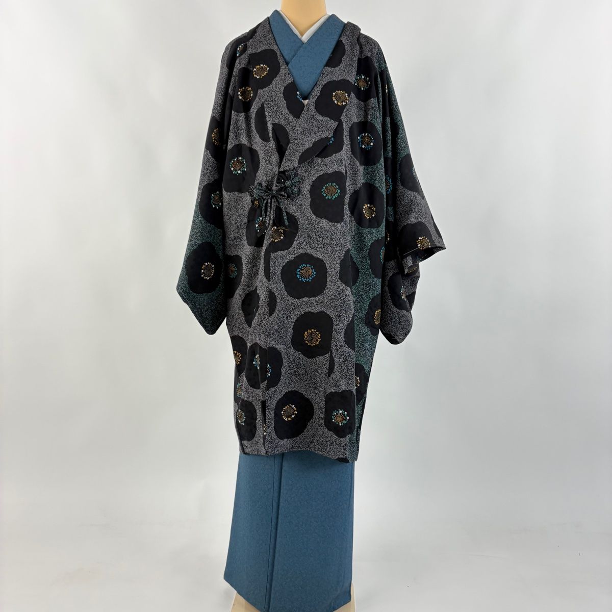 道中着 身丈106 cm 裄丈66 M 和装コート へちま衿 落款 梅 金彩 黒 正絹