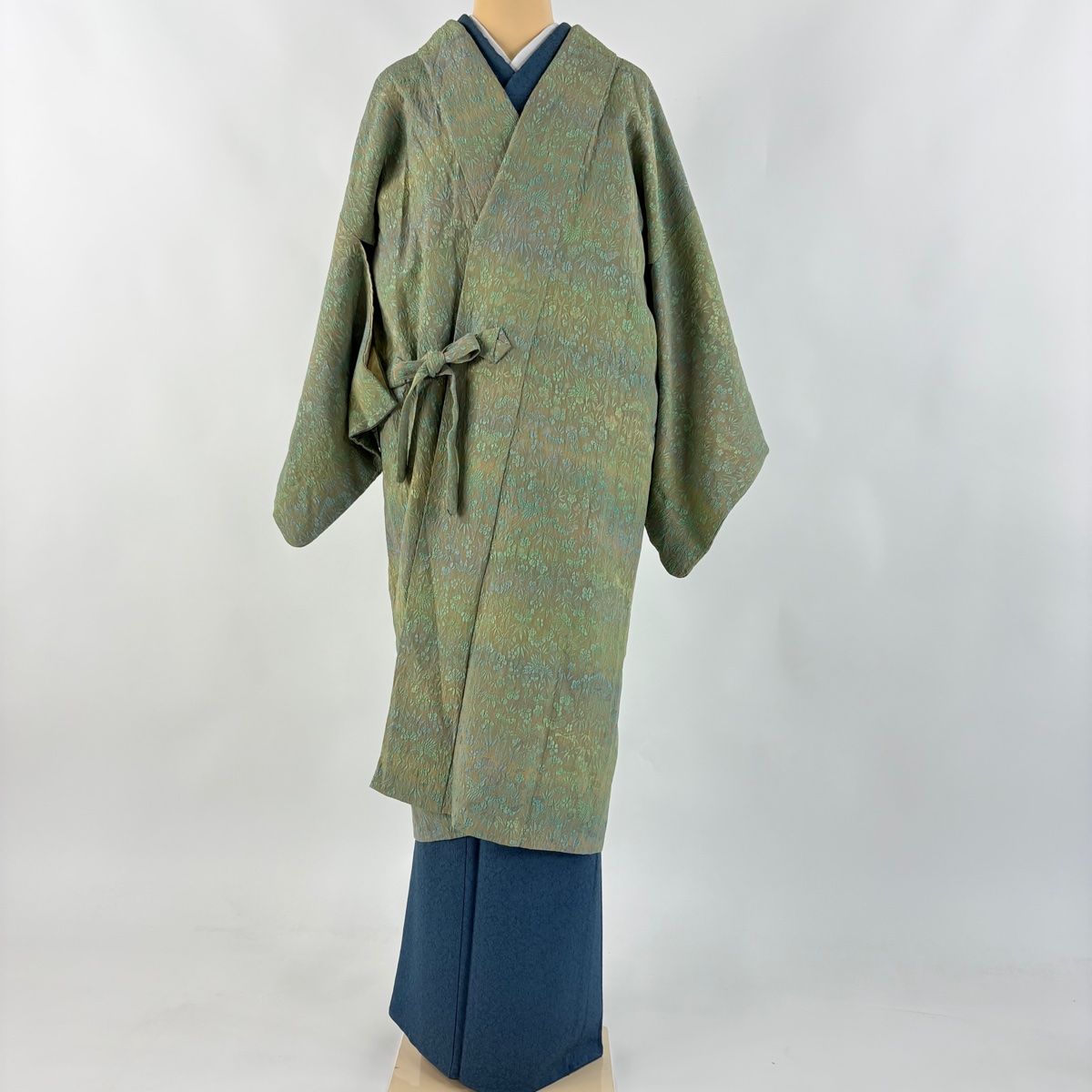 道中着 身丈112 5 cm 裄丈63 S 和装コート 松竹梅 鶴 ぼかし 灰緑 正絹