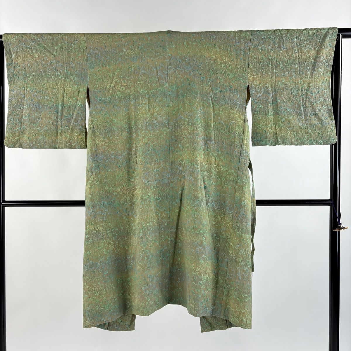 道中着 身丈112 5 cm 裄丈63 S 和装コート 松竹梅 鶴 ぼかし 灰緑 正絹