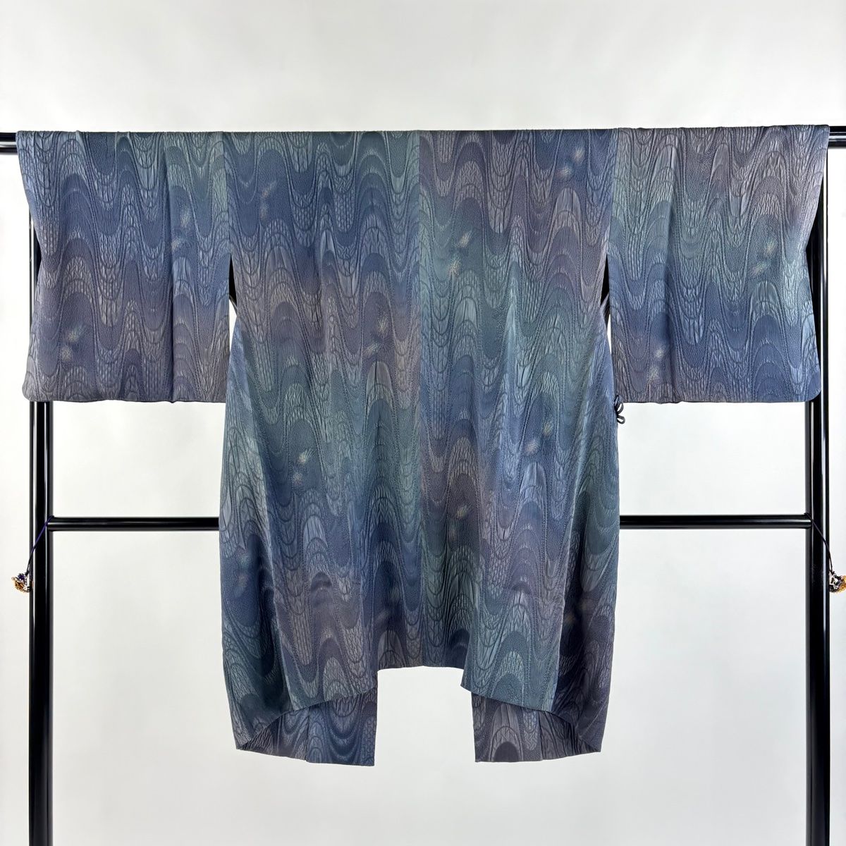 道中着 身丈96.5 cm 裄丈67.5 L 斉藤三才 和装コート 落款 鳥 幾何学 ぼかし 青灰色 正絹