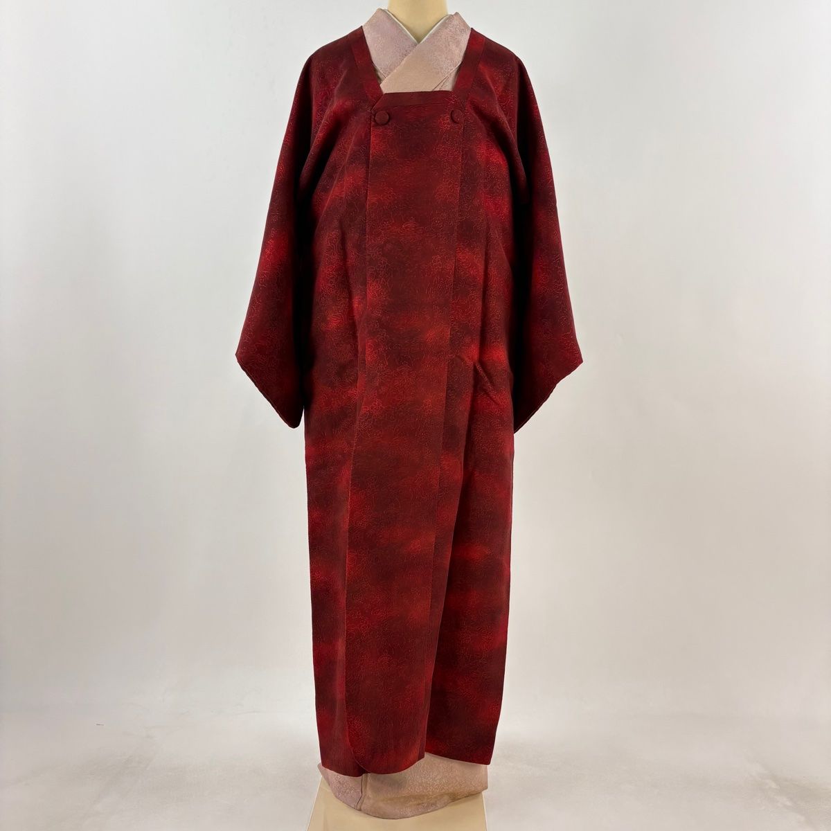 道行 身丈134 cm 裄丈66 M 和装コート 角衿 花鳥 動物 ぼかし えんじ色 正絹