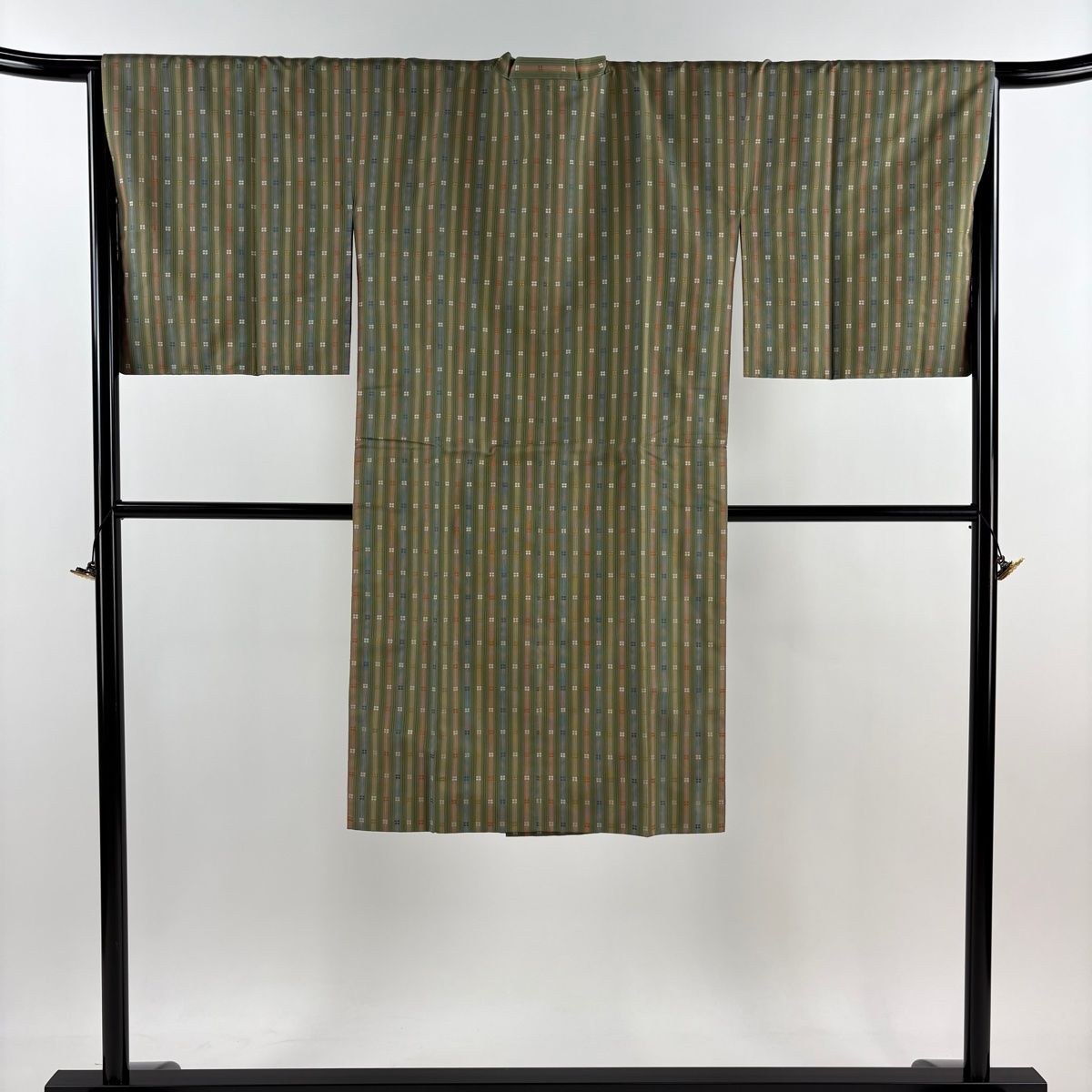 道行 身丈110 5 cm 裄丈66 M 和装コート 千代田衿 紬地 縦縞 幾何学模様 灰緑 正絹