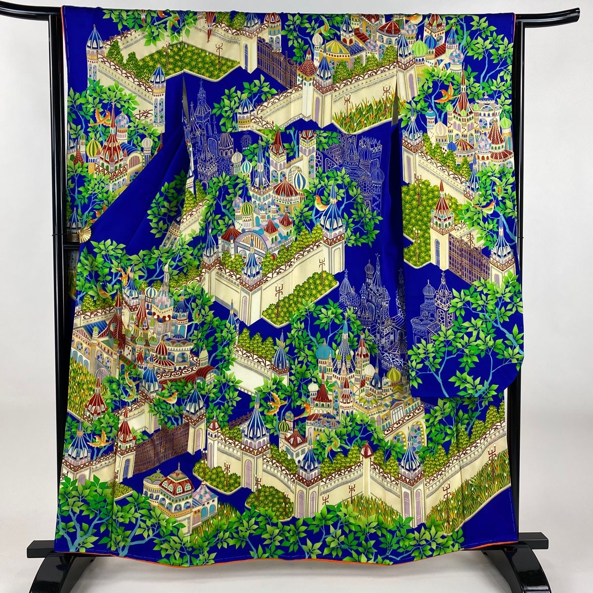 振袖 身丈161 cm 裄丈64 M 袷 洋館 鳥 金彩 青 正絹 秀品