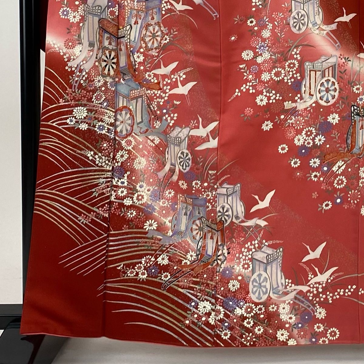 振袖 身丈163 cm 裄丈65 M 袷 御所車 波 金銀彩 ピンク 正絹 秀品