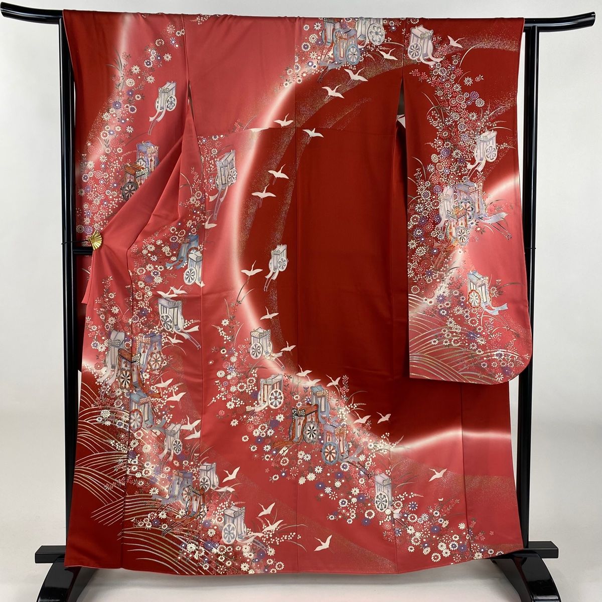 振袖 身丈163 cm 裄丈65 M 袷 御所車 波 金銀彩 ピンク 正絹 秀品