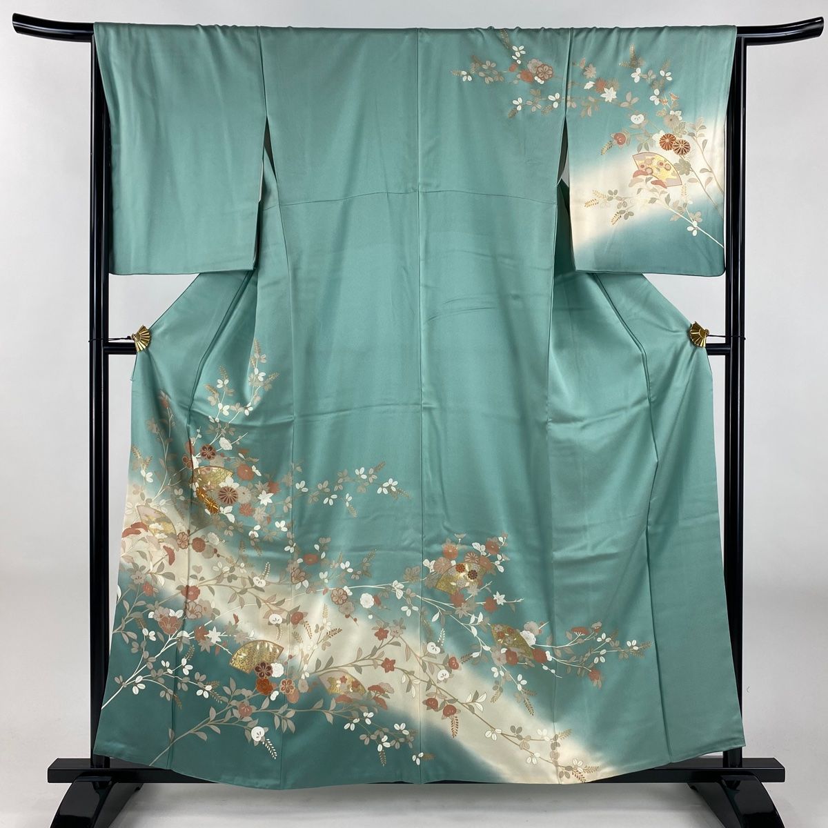 訪問着 身丈159 cm 裄丈66.5 M 袷 扇面 草花 金糸 金彩 青緑 正絹 秀品