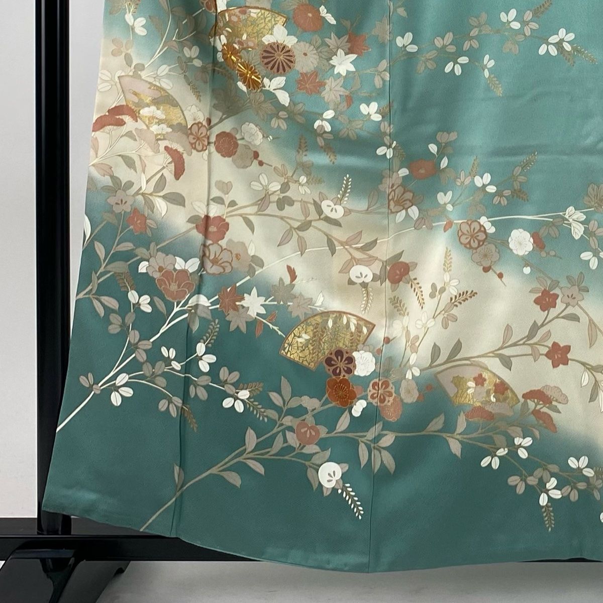 訪問着 身丈159 cm 裄丈66 5 M 袷 扇面 草花 金糸 金彩 青緑 正絹 秀品