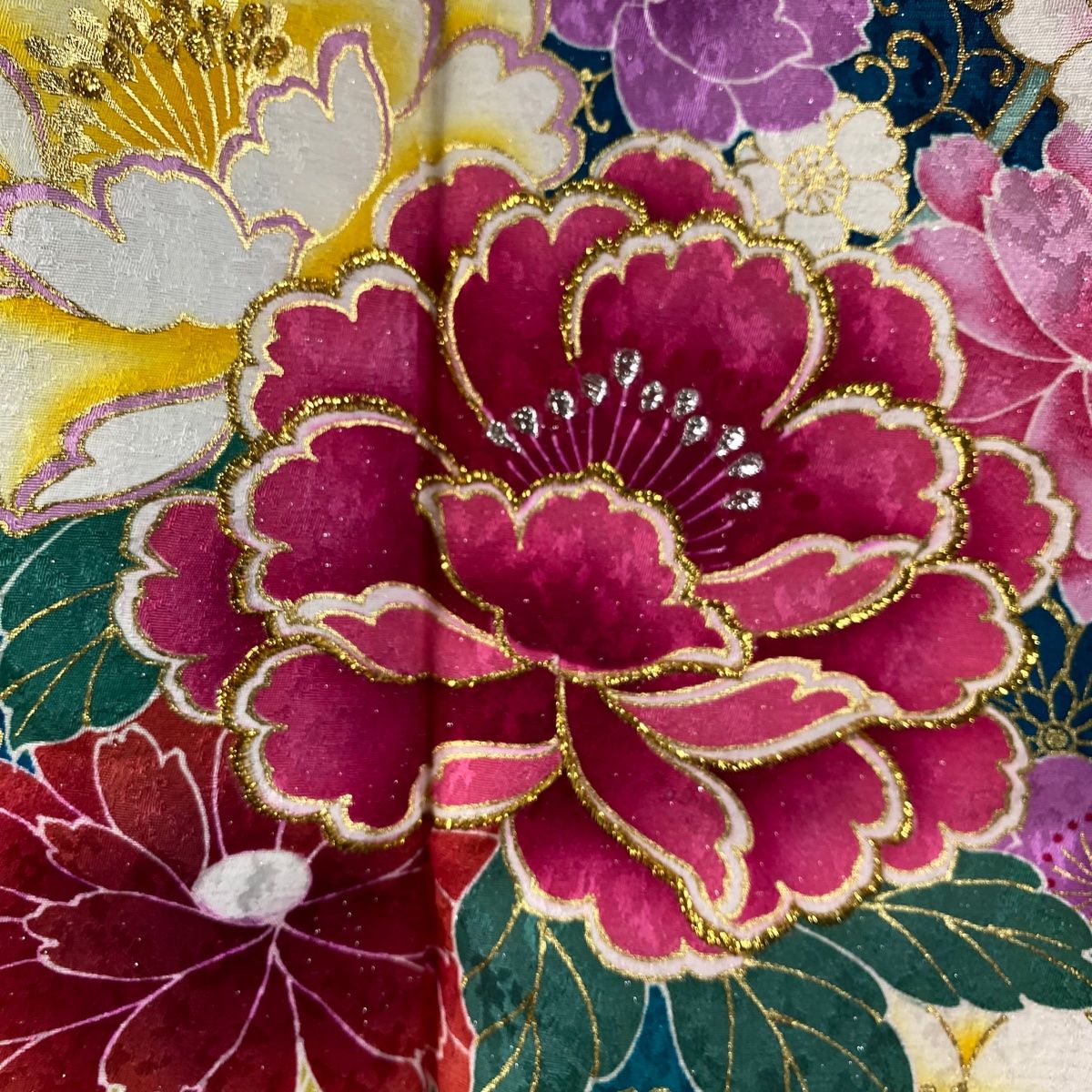  振袖 身丈159 5 cm 裄丈65 M 袷 牡丹 桜 銀通し 金彩 青緑 正絹 振袖 着物