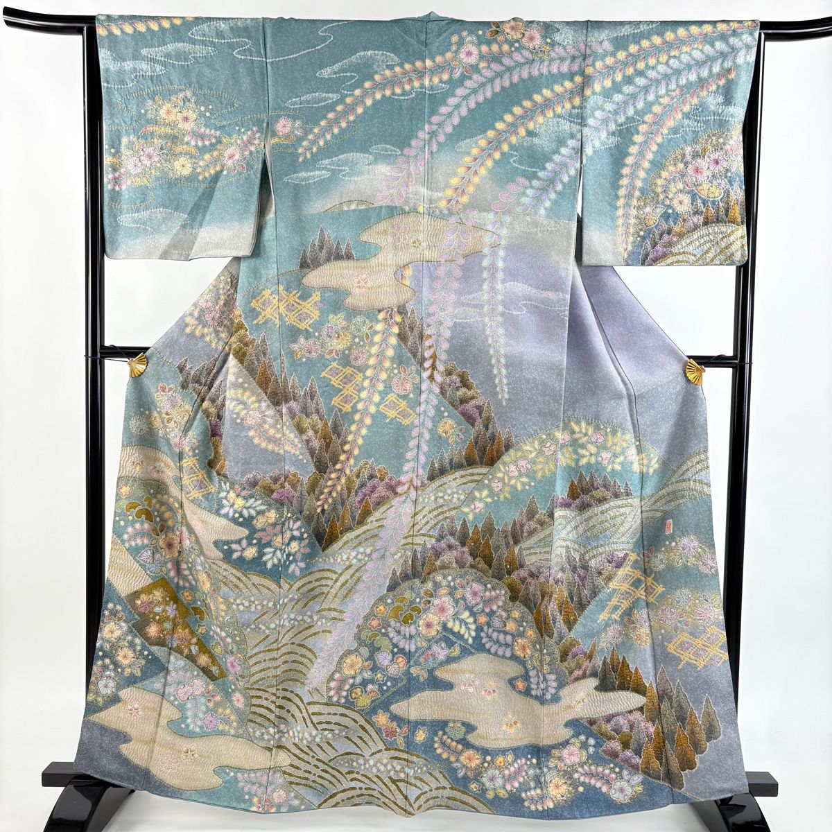 訪問着 身丈162 cm 裄丈63 S 袷 翠山工房 落款 辻が花 霞 金彩 銀通し 灰緑 正絹