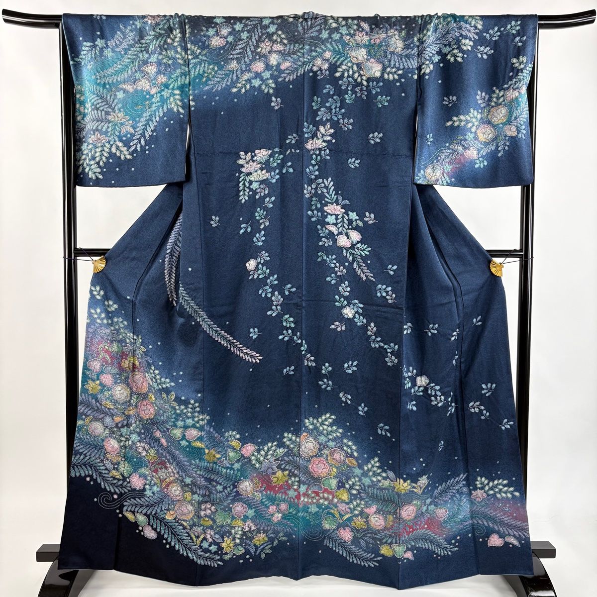 美品】 訪問着 身丈164cm 裄丈68cm L 袷 辻が花 金彩 ぼかし 藍色 正絹