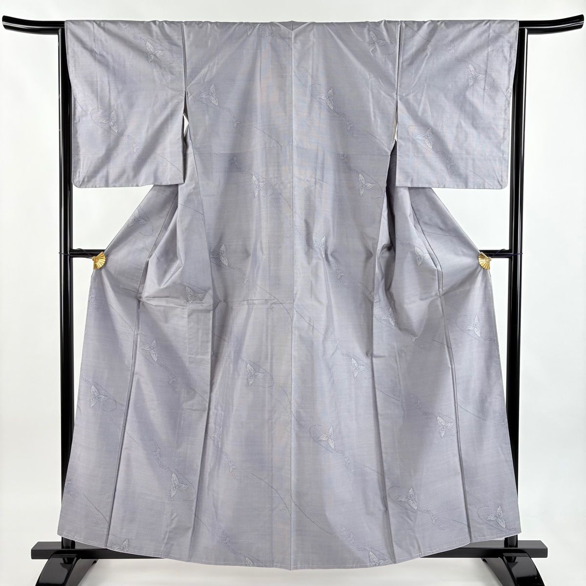 ✨早い者勝ち！お値下中✨美品ヴィンテージ物未使用に近い大島紬 身丈159.5cm 大島紬 身丈159.5cm 裄丈65cm M 袷 都喜ヱ門 落款 証紙 葉 草花 灰紫