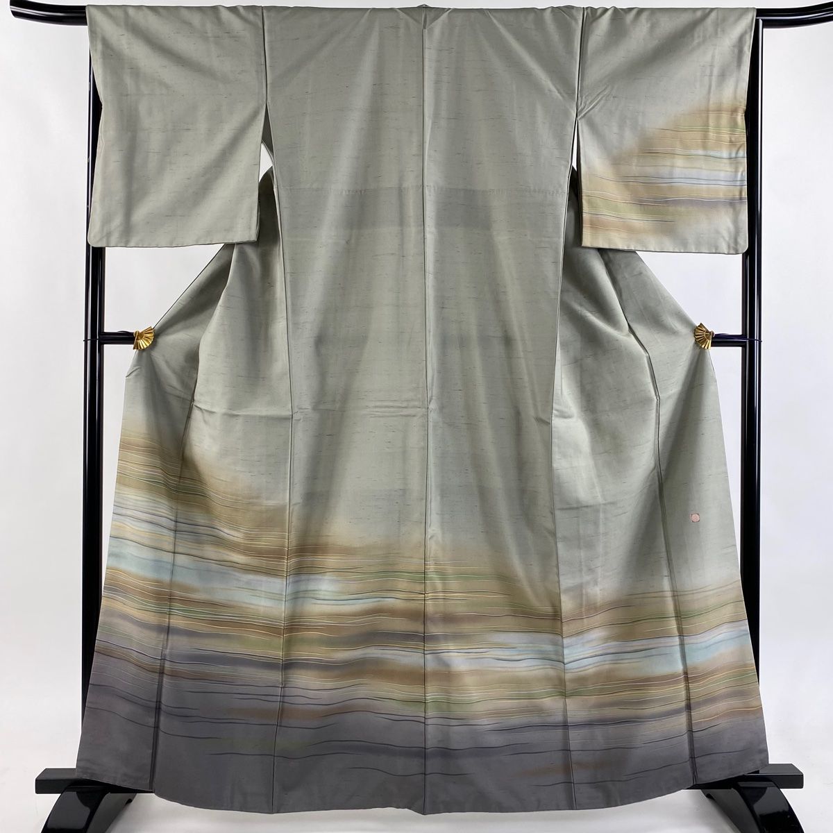 付下げ 身丈163 cm 裄丈66 5 M 袷 牛首紬地 落款 証紙 霞ぼかし 灰緑 正絹