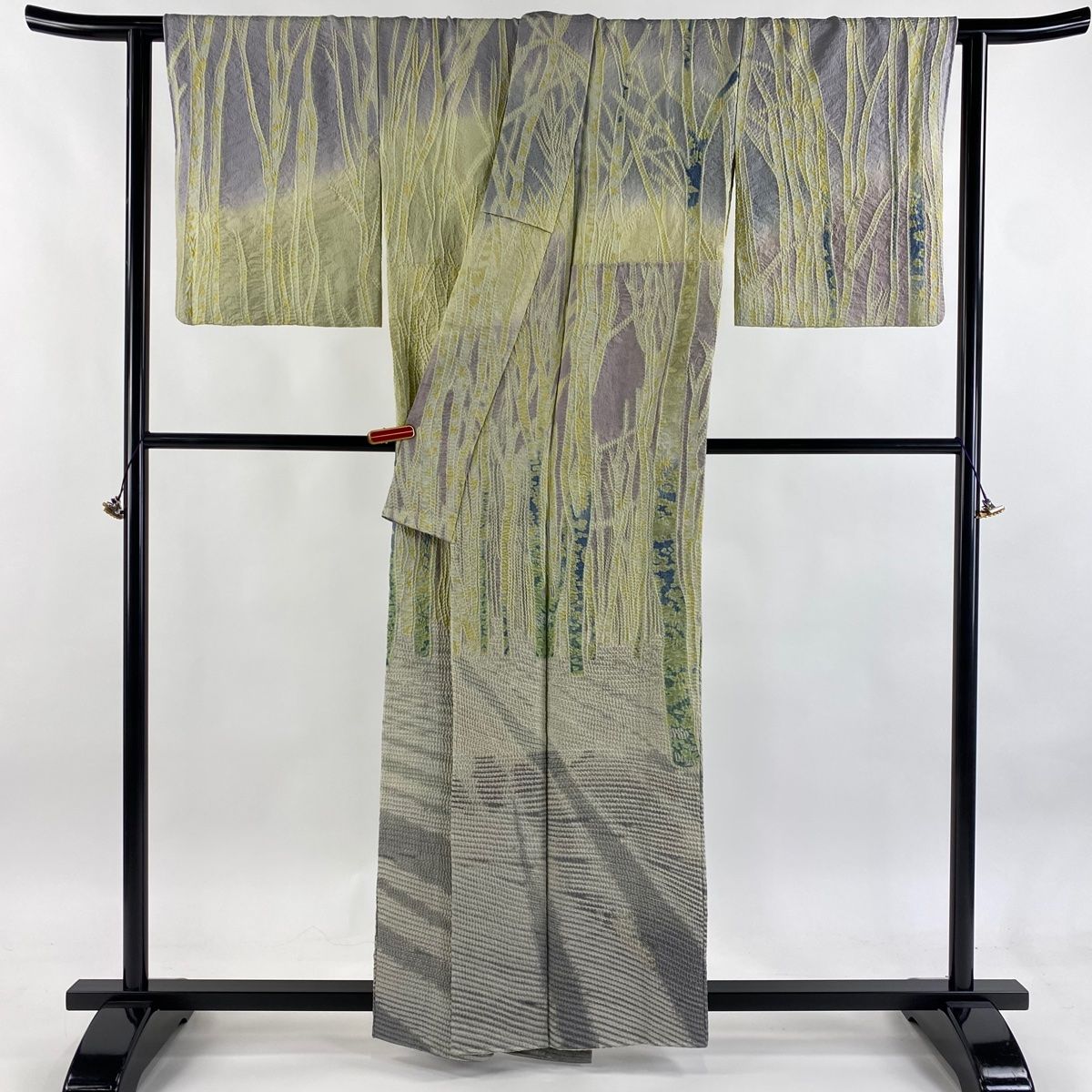  訪問着 身丈159 cm 裄丈64 M 袷 滝泰 落款 樹木 金通し 絞り 黄緑色 正絹 訪問着 付け下げ 着物