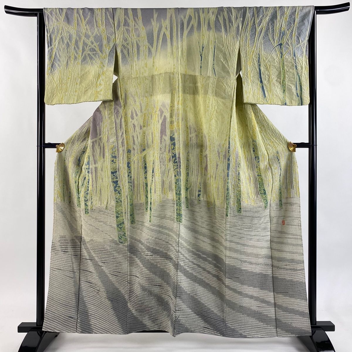 訪問着 身丈159 cm 裄丈64 M 袷 滝泰 落款 樹木 金通し 絞り 黄緑色 正絹