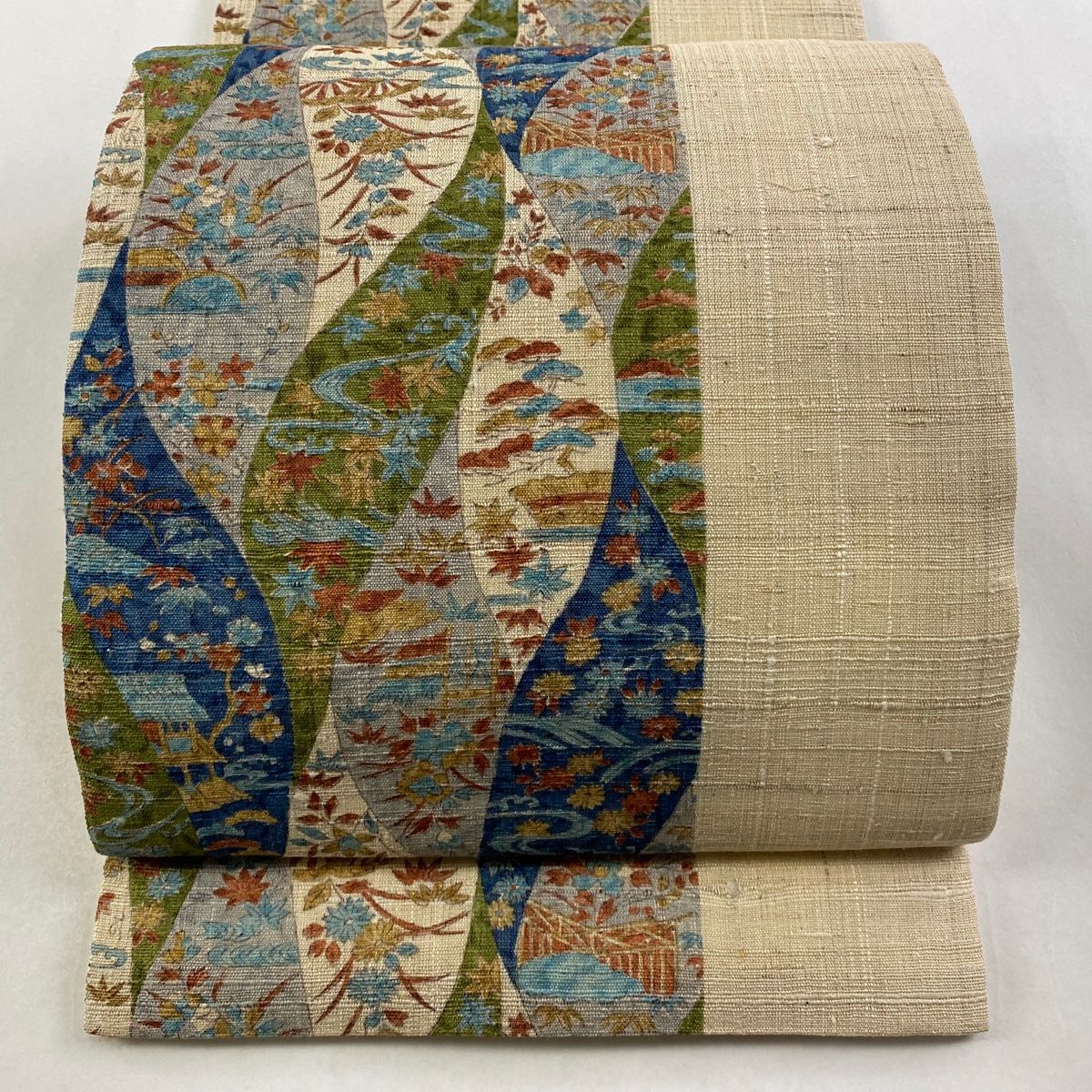 開き名古屋帯 家屋 草花 ベージュ 正絹