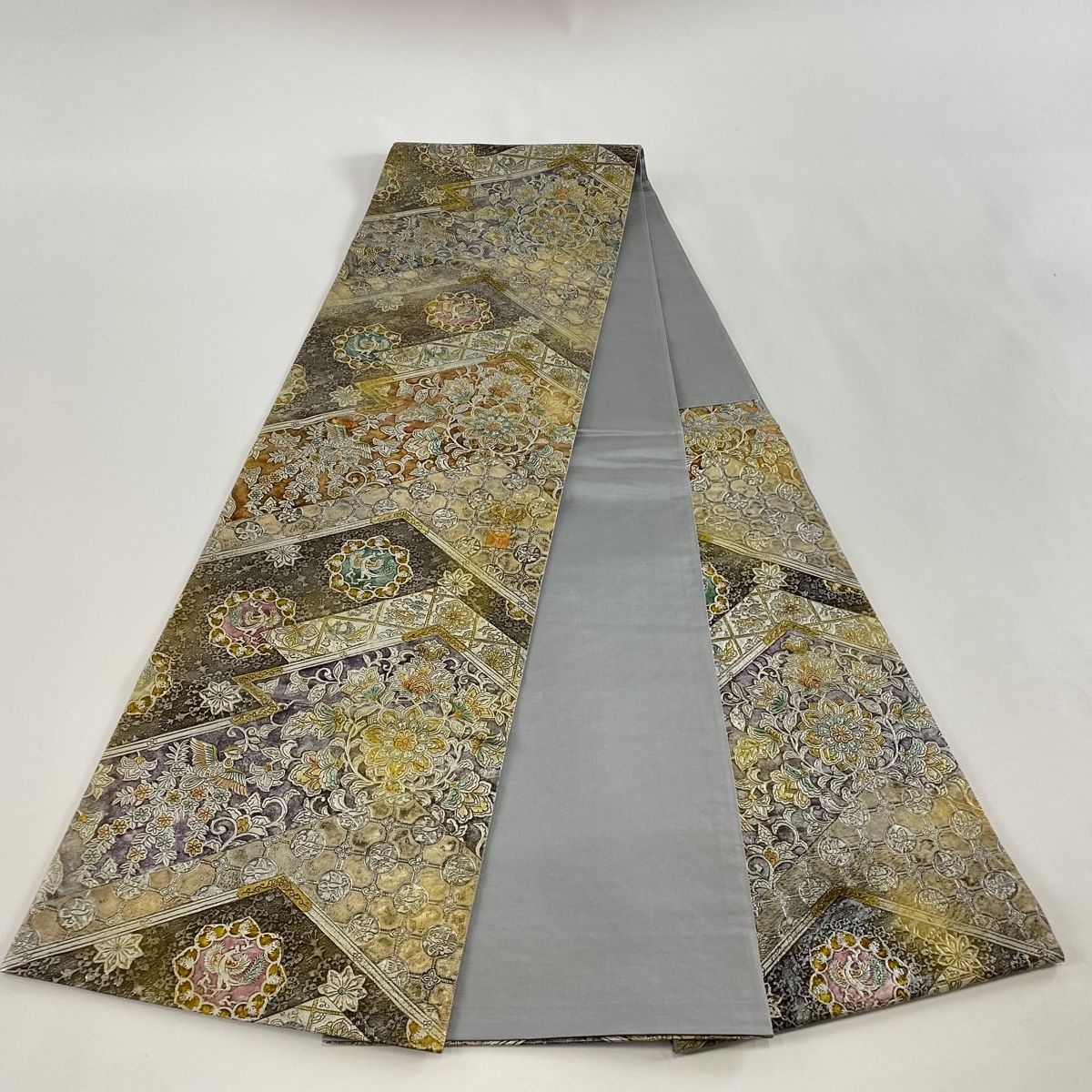 袋帯 逸品 落款 和泉紫峯 華文 花喰い鳥 金銀彩 金茶 六通 正絹 【中古