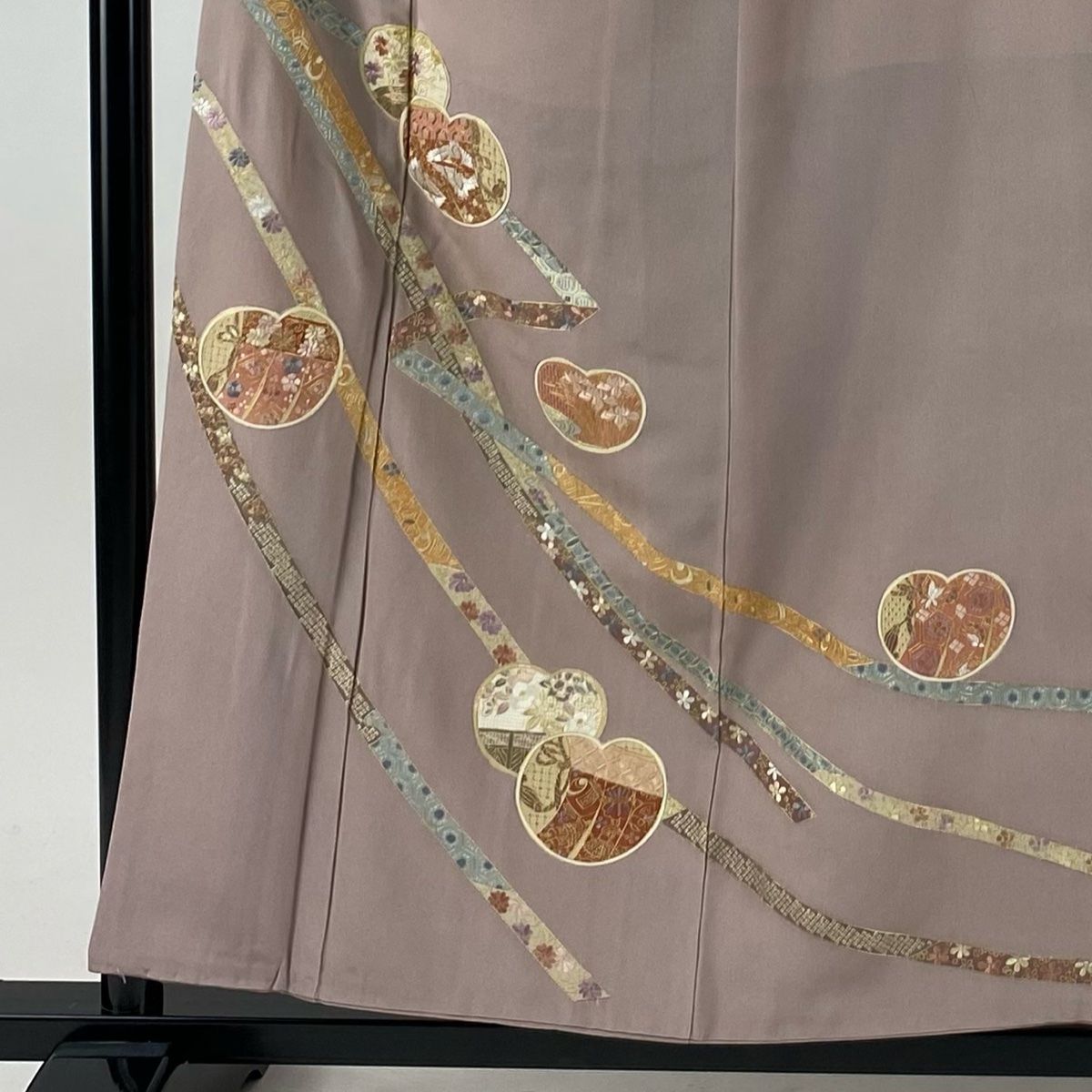 訪問着 身丈157 cm 裄丈63 S 袷 やまと 蔓帯 団扇 金糸 刺繍 灰紫 正絹 秀品