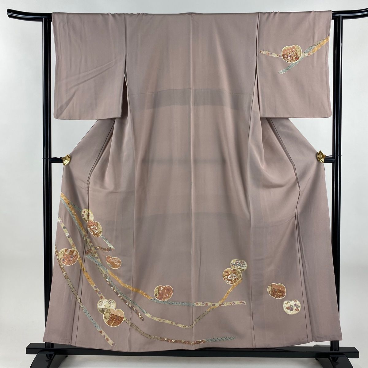 訪問着 身丈157 cm 裄丈63 S 袷 やまと 蔓帯 団扇 金糸 刺繍 灰紫 正絹 秀品