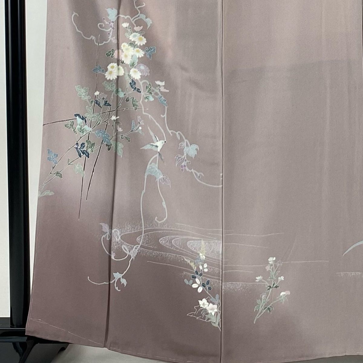 訪問着 身丈162 cm 裄丈64 M 袷 鳥 菊 ぼかし 薄紫 正絹 秀品