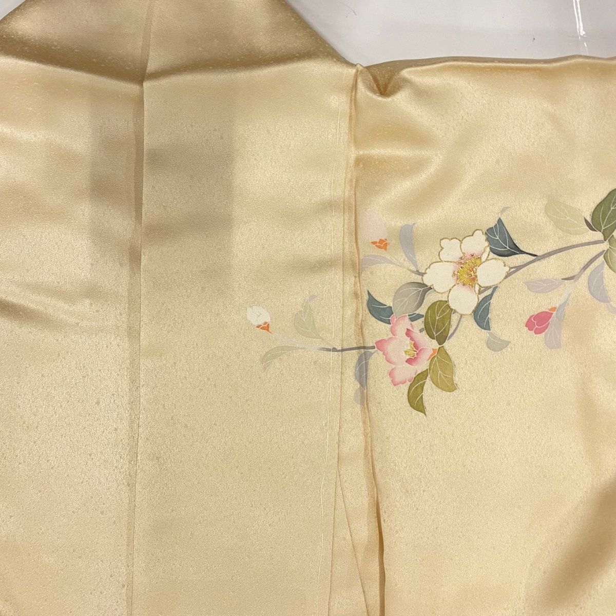  訪問着 身丈150 cm 裄丈62 S 袷 椿 菊 金彩 ぼかし クリーム 正絹 秀品 訪問着 付け下げ 着物
