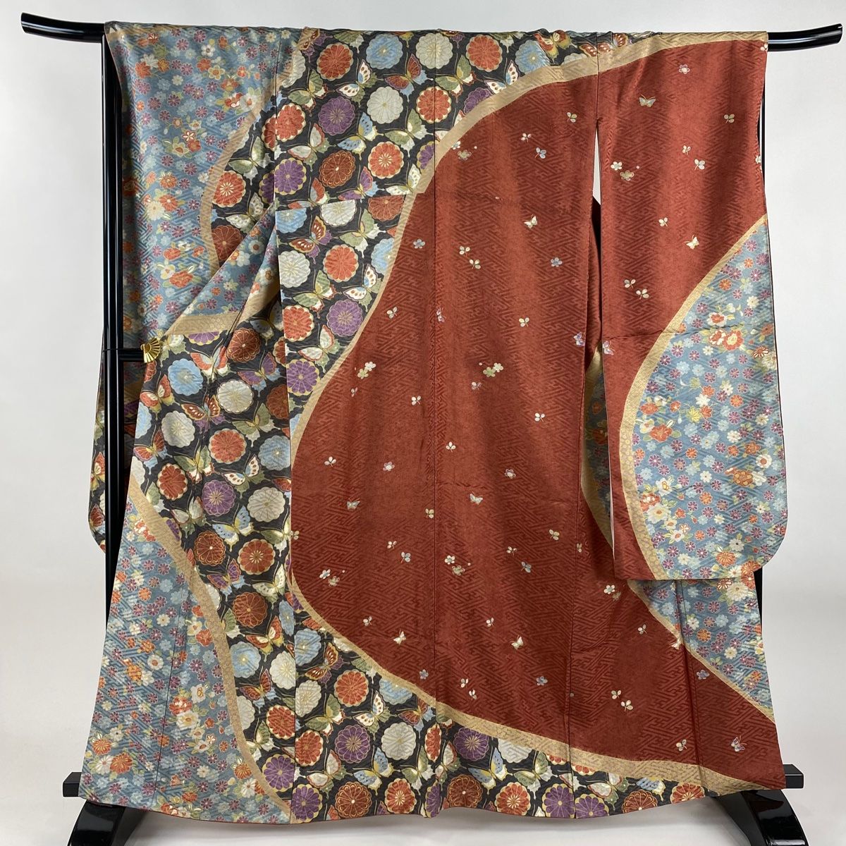 振袖 身丈162 cm 裄丈68 5 L 袷 蝶 菊 金彩 染め分け 青灰色 正絹 秀品