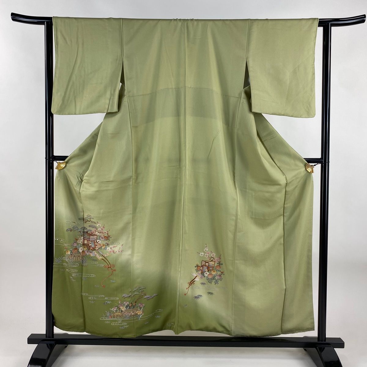 訪問着 身丈157 cm 裄丈63 S 袷 御所車 松竹梅 相良刺繍 金糸 抹茶色 正絹 秀品